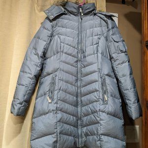 Eddie Bauer Ladies Grey Hooded Goose Down Coat in size L